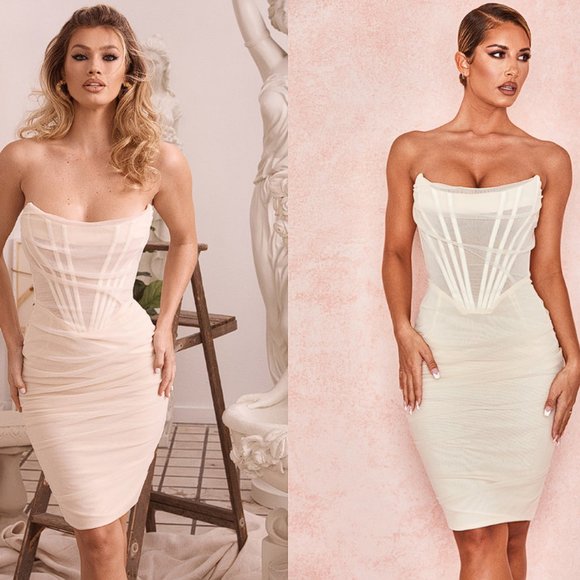 House of CB Dresses & Skirts - House of CB ‘Leila’ Ivory Mesh Strapless Corset Dress NWOT
